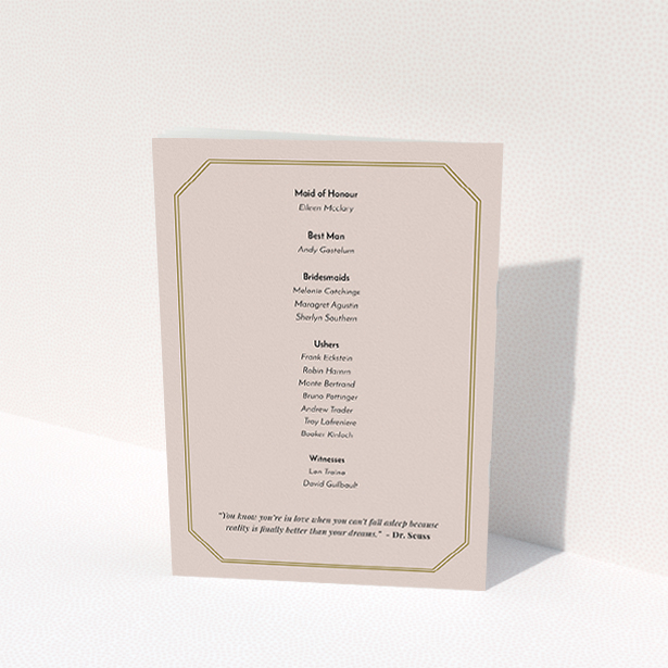 A wedding program design titled "Wise old owl". It is an A5 booklet in a portrait orientation. "Wise old owl" is available as a folded booklet booklet, with mainly dark cream colouring.