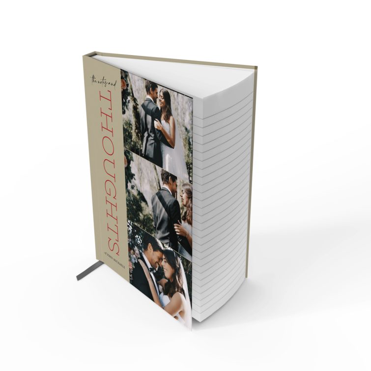 Custom wedding-themed notebook design with three photos on the cover spread by Utterly Printable.