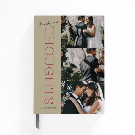 Custom wedding-themed notebook design with three photos on the cover spread by Utterly Printable.