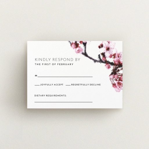 Wedding Response Card Design - "A side of Blossom" A wedding response card design called "A side of Blossom". It is an A7 card in a landscape orientation. "A side of Blossom" is available as a flat card, with tones of pink and white.