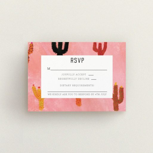 Wedding Response Card Design - "Albuquerque" A wedding response card design called "Albuquerque". It is an A7 card in a landscape orientation. "Albuquerque" is available as a flat card, with tones of pink and orange.