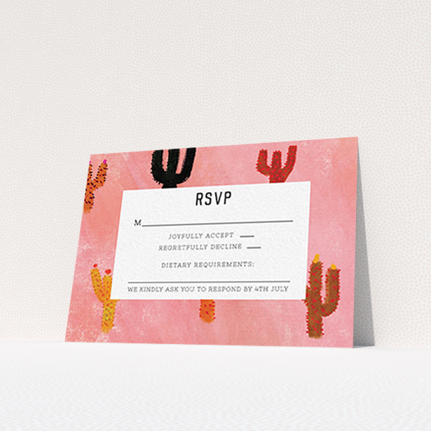 A wedding response card design called "Albuquerque". It is an A7 card in a landscape orientation. "Albuquerque" is available as a flat card, with tones of pink and orange.