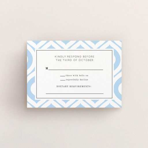 Wedding Response Card Design - "Arabian diamonds" A wedding response card called "Arabian diamonds". It is an A7 card in a landscape orientation. "Arabian diamonds" is available as a flat card, with tones of blue and white.
