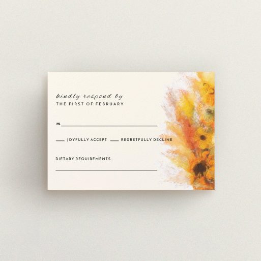 Wedding Response Card Design - "Autumn wreath " A wedding response card template titled "Autumn wreath ". It is an A7 card in a landscape orientation. "Autumn wreath " is available as a flat card, with tones of cream, orange and brown.