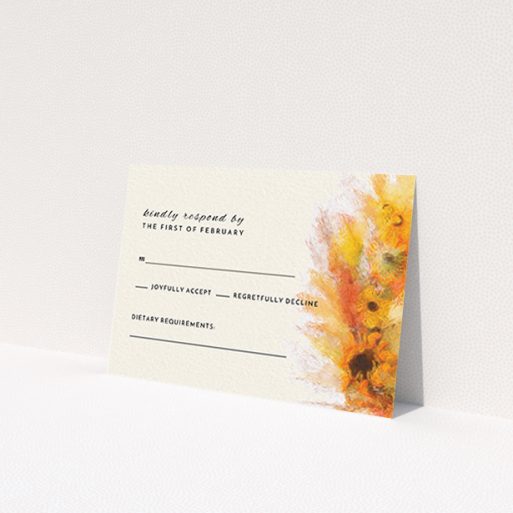 A wedding response card template titled 'Autumn wreath '. It is an A7 card in a landscape orientation. 'Autumn wreath ' is available as a flat card, with tones of cream, orange and brown.