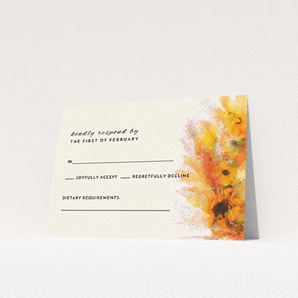 A wedding response card template titled "Autumn wreath ". It is an A7 card in a landscape orientation. "Autumn wreath " is available as a flat card, with tones of cream, orange and brown.