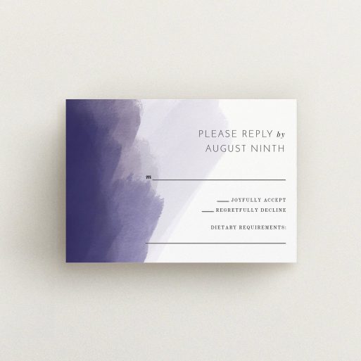 Wedding Response Card Design - "Blue and Cream" A wedding response card design called "Blue and Cream". It is an A7 card in a landscape orientation. "Blue and Cream" is available as a flat card, with tones of blue and white.