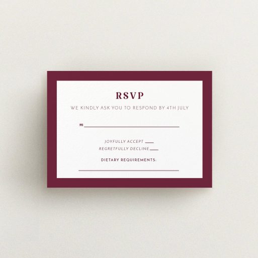 Wedding Rsvp Card - Bold Border (Maroon) A wedding response card design called "Bold border". It is an A7 card in a landscape orientation. "Bold border" is available as a flat card, with tones of burgundy and white.