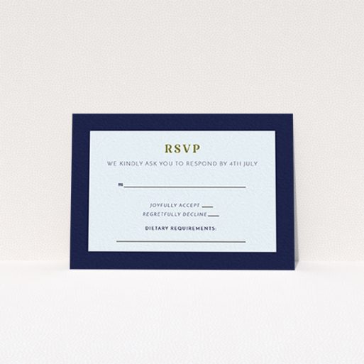 A wedding response card design named "Bold border". It is an A7 card in a landscape orientation. "Bold border" is available as a flat card, with tones of light blue and navy blue.