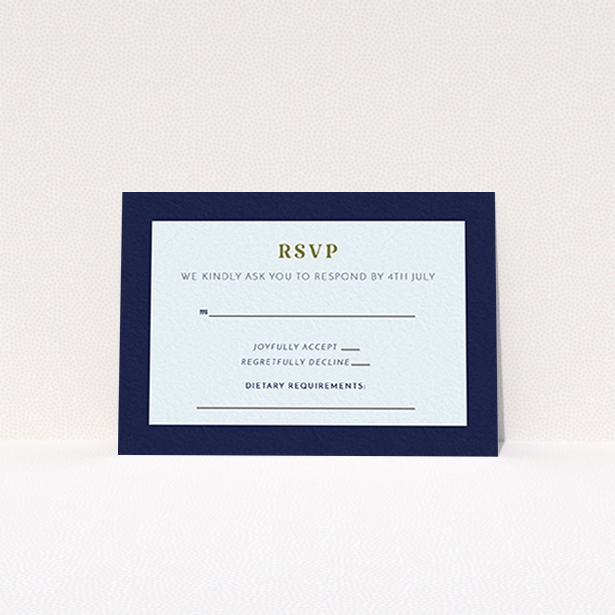 A wedding response card design named "Bold border". It is an A7 card in a landscape orientation. "Bold border" is available as a flat card, with tones of light blue and navy blue.