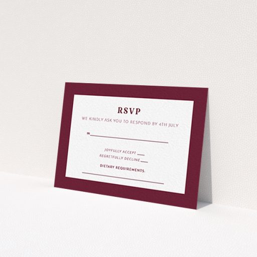 A wedding response card design called 'Bold border'. It is an A7 card in a landscape orientation. 'Bold border' is available as a flat card, with tones of burgundy and white.