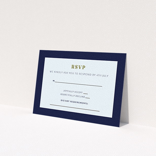 A wedding response card design named "Bold border". It is an A7 card in a landscape orientation. "Bold border" is available as a flat card, with tones of light blue and navy blue.