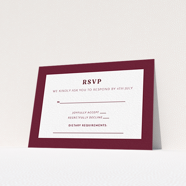 A wedding response card design called "Bold border". It is an A7 card in a landscape orientation. "Bold border" is available as a flat card, with tones of burgundy and white.
