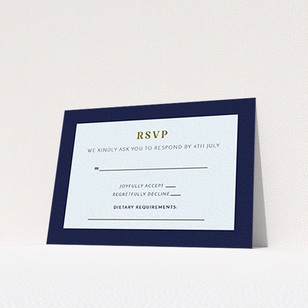 A wedding response card design named "Bold border". It is an A7 card in a landscape orientation. "Bold border" is available as a flat card, with tones of light blue and navy blue.