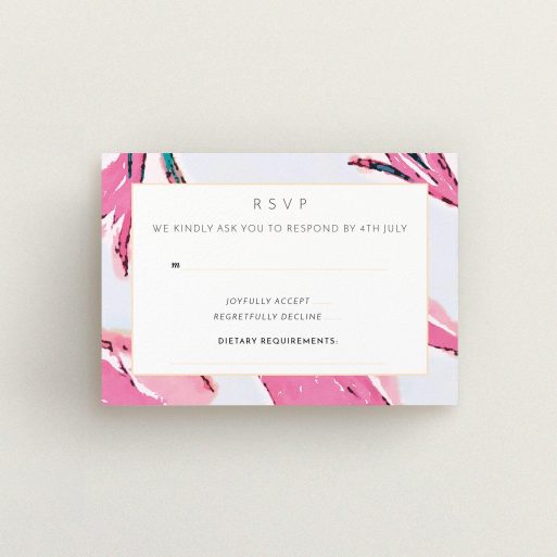 A wedding response card template titled "By the river bank". It is an A7 card in a landscape orientation. "By the river bank" is available as a flat card, with tones of vibrant pink and green.