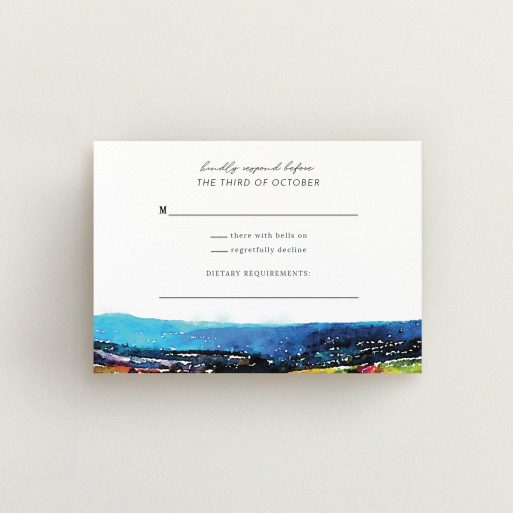Wedding Response Card Design - "Country Road" A wedding response card called "Country Road". It is an A7 card in a landscape orientation. "Country Road" is available as a flat card, with tones of white and blue.