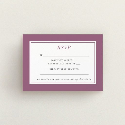 A wedding response card template titled "Coupe". It is an A7 card in a landscape orientation. "Coupe" is available as a flat card, with mainly purple/dark pink colouring.
