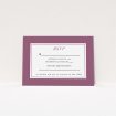 A wedding response card template titled "Coupe". It is an A7 card in a landscape orientation. "Coupe" is available as a flat card, with mainly purple/dark pink colouring.