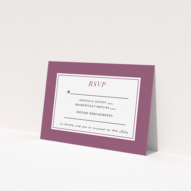 A wedding response card template titled 'Coupe'. It is an A7 card in a landscape orientation. 'Coupe' is available as a flat card, with mainly purple/dark pink colouring.