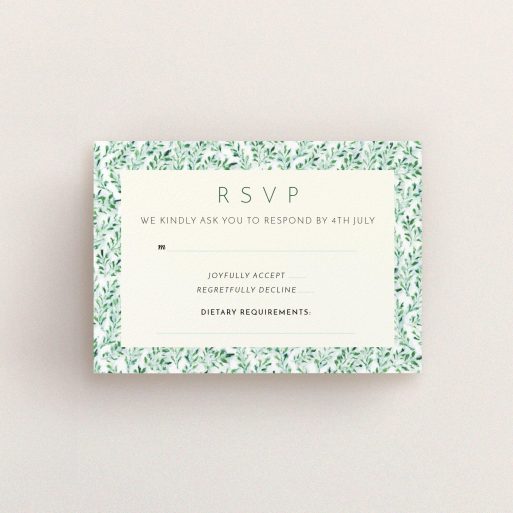 Wedding Response Card Design - "From the hedge" A wedding response card template titled "From the hedge". It is an A7 card in a landscape orientation. "From the hedge" is available as a flat card, with mainly green colouring.