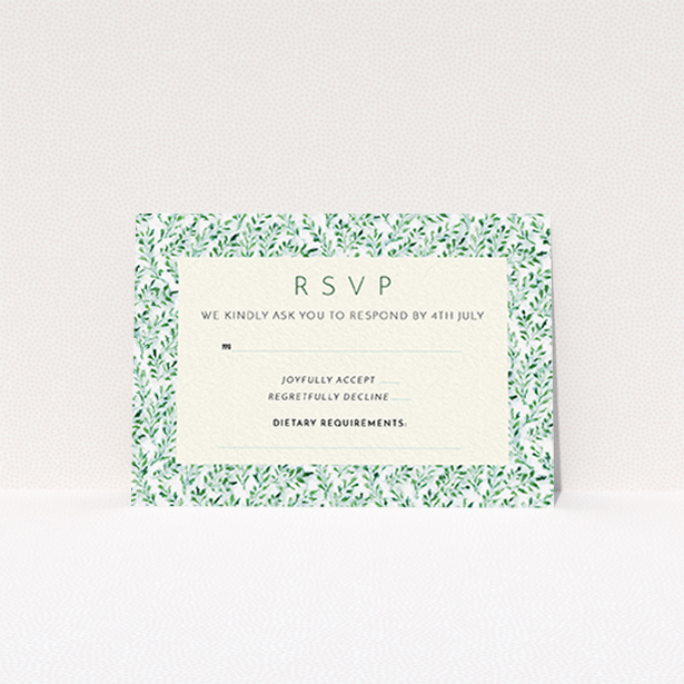 A wedding response card template titled "From the hedge". It is an A7 card in a landscape orientation. "From the hedge" is available as a flat card, with mainly green colouring.