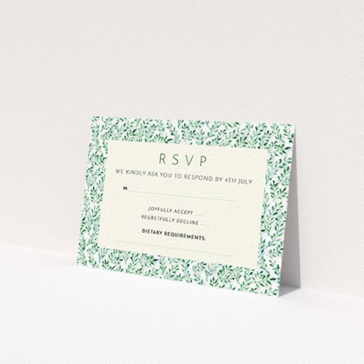 A wedding response card template titled 'From the hedge'. It is an A7 card in a landscape orientation. 'From the hedge' is available as a flat card, with mainly green colouring.