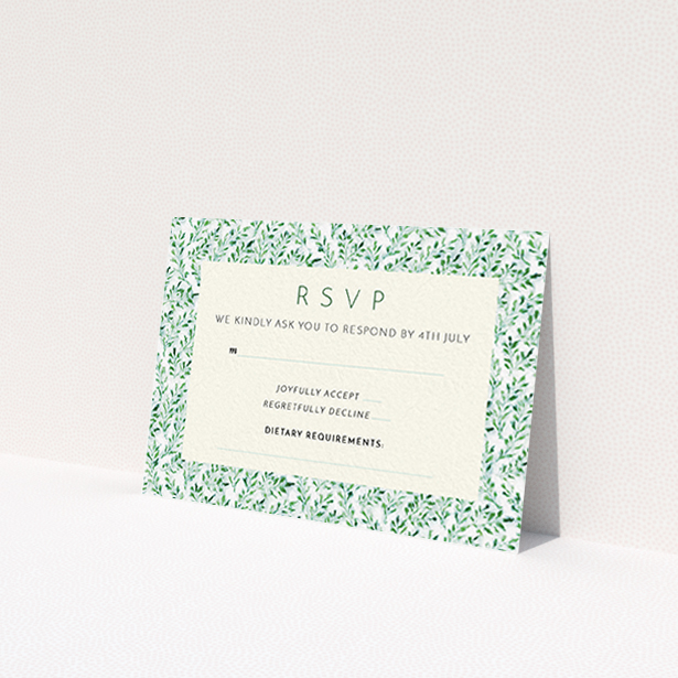 A wedding response card template titled "From the hedge". It is an A7 card in a landscape orientation. "From the hedge" is available as a flat card, with mainly green colouring.