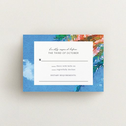 Wedding Response Card Design - "From the Sunbed" A wedding response card design called "From the Sunbed". It is an A7 card in a landscape orientation. "From the Sunbed" is available as a flat card, with tones of sky blue and green.