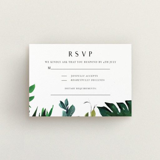 Wedding Response Card Design - "Gap in the Jungle" A wedding response card design named "Gap in the Jungle". It is an A7 card in a landscape orientation. "Gap in the Jungle" is available as a flat card, with tones of green and white.