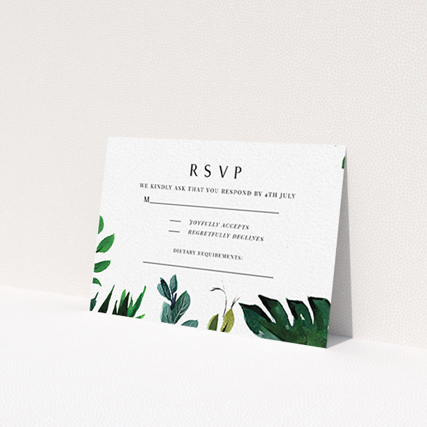 A wedding response card design named "Gap in the Jungle". It is an A7 card in a landscape orientation. "Gap in the Jungle" is available as a flat card, with tones of green and white.