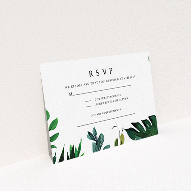 A wedding response card design named "Gap in the Jungle". It is an A7 card in a landscape orientation. "Gap in the Jungle" is available as a flat card, with tones of green and white.