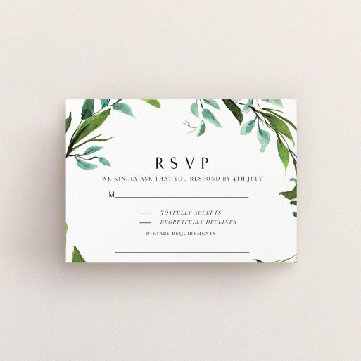 Wedding Response Card Design - "Greek Wreath" A wedding response card named "Greek Wreath". It is an A7 card in a landscape orientation. "Greek Wreath" is available as a flat card, with tones of green and light blue.