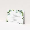 A wedding response card named "Greek Wreath". It is an A7 card in a landscape orientation. "Greek Wreath" is available as a flat card, with tones of green and light blue.
