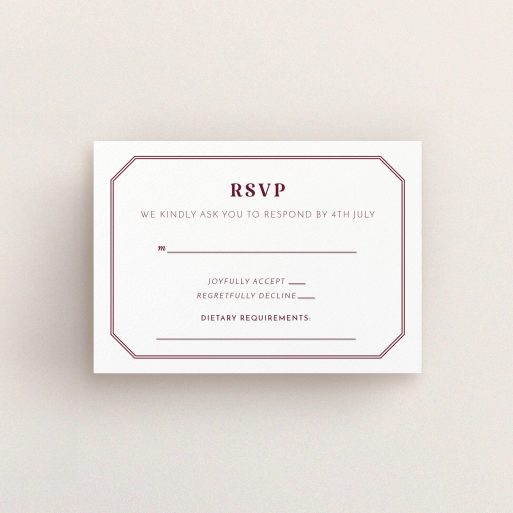 Wedding Rsvp Card - In Between The Lines Square (Maroon) A wedding response card template titled "In between the lines square". It is an A7 card in a landscape orientation. "In between the lines square" is available as a flat card, with tones of white and burgundy.