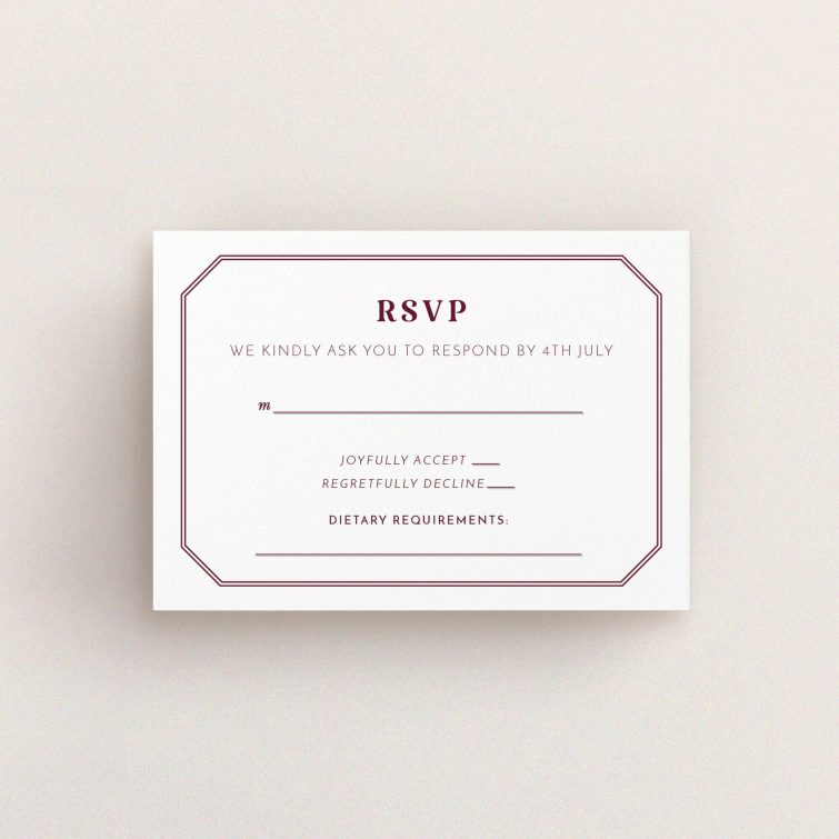 A wedding response card template titled "In between the lines square". It is an A7 card in a landscape orientation. "In between the lines square" is available as a flat card, with tones of white and burgundy.