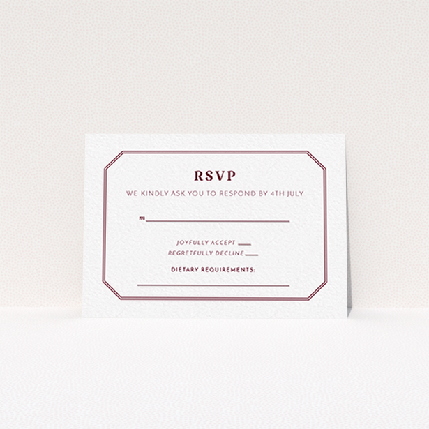 A wedding response card template titled "In between the lines square". It is an A7 card in a landscape orientation. "In between the lines square" is available as a flat card, with tones of white and burgundy.