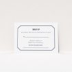 A wedding response card design called "In between the lines square". It is an A7 card in a landscape orientation. "In between the lines square" is available as a flat card, with tones of white and navy blue.