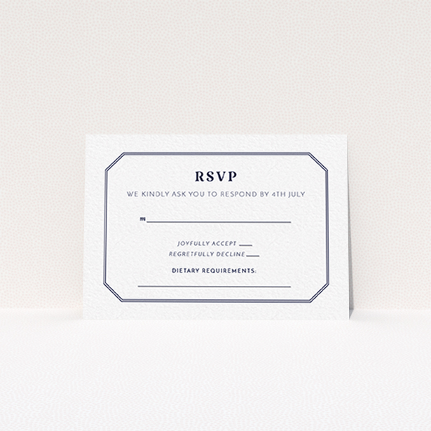 A wedding response card design called "In between the lines square". It is an A7 card in a landscape orientation. "In between the lines square" is available as a flat card, with tones of white and navy blue.