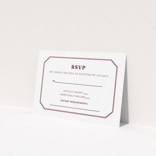 A wedding response card template titled 'In between the lines square'. It is an A7 card in a landscape orientation. 'In between the lines square' is available as a flat card, with tones of white and burgundy.