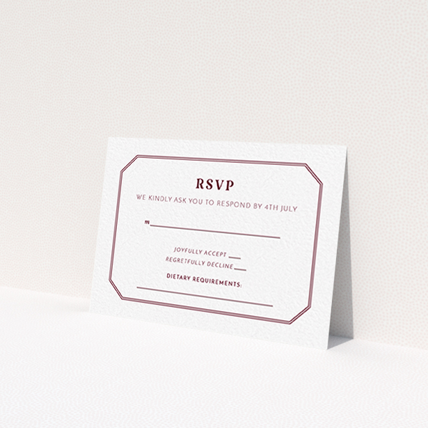 A wedding response card template titled "In between the lines square". It is an A7 card in a landscape orientation. "In between the lines square" is available as a flat card, with tones of white and burgundy.