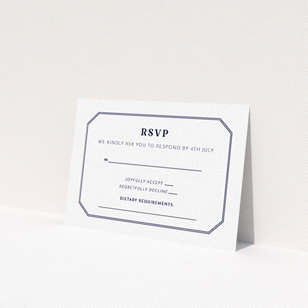 A wedding response card design called "In between the lines square". It is an A7 card in a landscape orientation. "In between the lines square" is available as a flat card, with tones of white and navy blue.