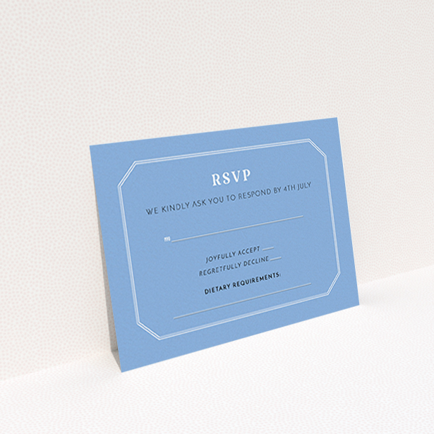 A wedding response card template titled "In between the lines square". It is an A7 card in a landscape orientation. "In between the lines square" is available as a flat card, with tones of blue and white.