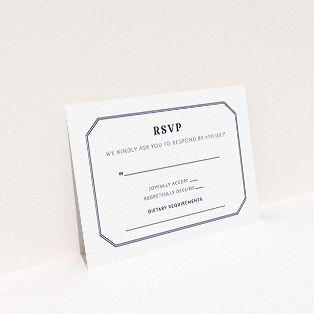 A wedding response card design called "In between the lines square". It is an A7 card in a landscape orientation. "In between the lines square" is available as a flat card, with tones of white and navy blue.