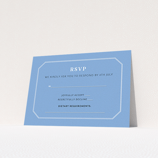 A wedding response card template titled "In between the lines square". It is an A7 card in a landscape orientation. "In between the lines square" is available as a flat card, with tones of blue and white.