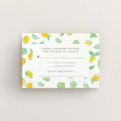 Wedding Response Card Design - "Madeira" A wedding response card design called "Madeira". It is an A7 card in a landscape orientation. "Madeira" is available as a flat card, with tones of green and yellow.