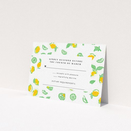 A wedding response card design called 'Madeira'. It is an A7 card in a landscape orientation. 'Madeira' is available as a flat card, with tones of green and yellow.