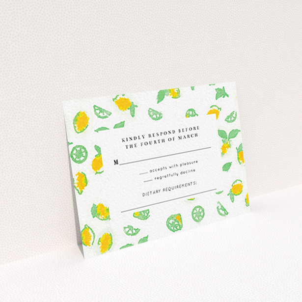 A wedding response card design called "Madeira". It is an A7 card in a landscape orientation. "Madeira" is available as a flat card, with tones of green and yellow.