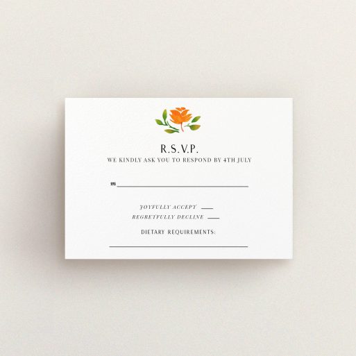 Wedding Response Card Design - "Midsummer Wreath" A wedding response card template titled "Midsummer Wreath". It is an A7 card in a landscape orientation. "Midsummer Wreath" is available as a flat card, with tones of orange and green.