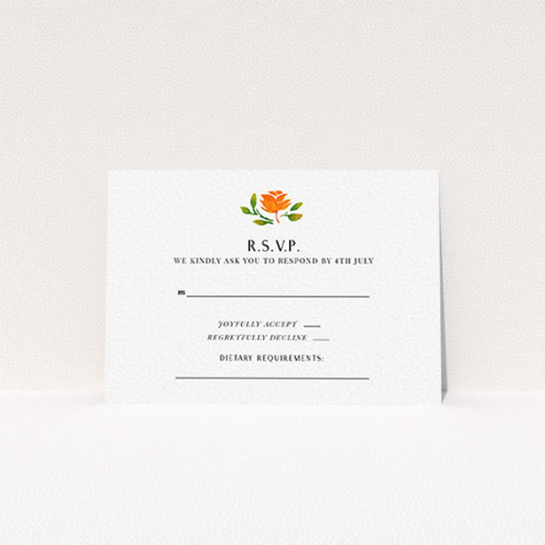 A wedding response card template titled "Midsummer Wreath". It is an A7 card in a landscape orientation. "Midsummer Wreath" is available as a flat card, with tones of orange and green.