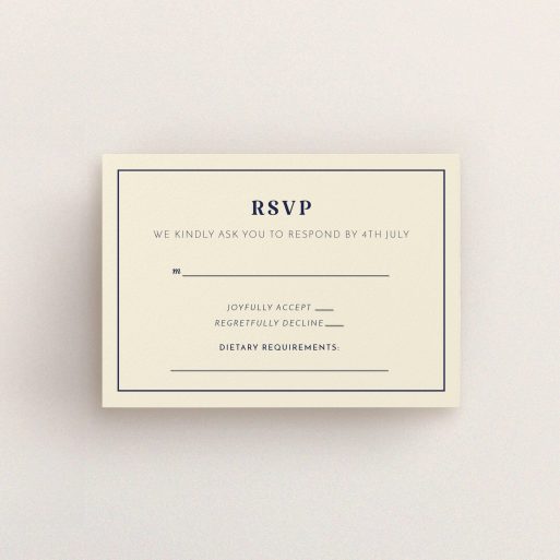 Wedding Response Card - Nice And Square (Cream) A wedding response card named "Nice and square". It is an A7 card in a landscape orientation. "Nice and square" is available as a flat card, with tones of cream and navy blue.